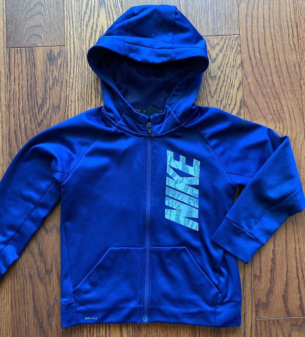 Nike Dri Fit Kids Boys Sweater M 6 Navy Hoodie Full Zip Long Sleeve Fleece Logo